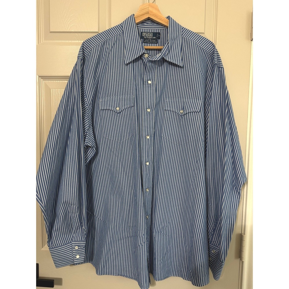 Polo Ralph Lauren Button Down Men XL Blue Sport Western Striped Pearl Snap Shirt